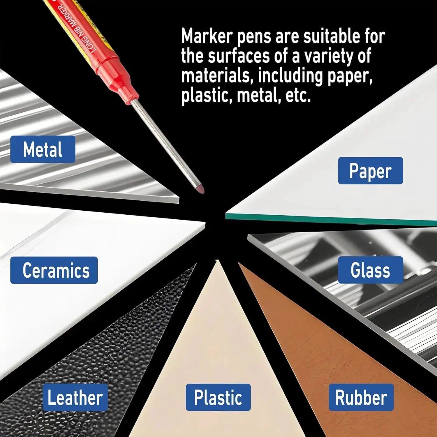 Simples Market marker pen set in white, black, blue and red with long nib; shown with metal, paper, plastic swatches