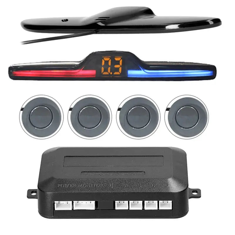 Car reverse radar kit with 4 parking sensors, LED distance display, and control module by Simples Market.