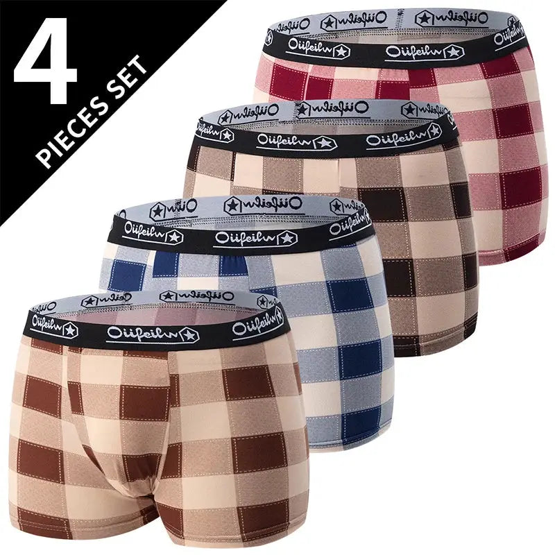 4-pack men's plaid boxer underwear set in brown, beige, blue, and pink with black elastic waistband