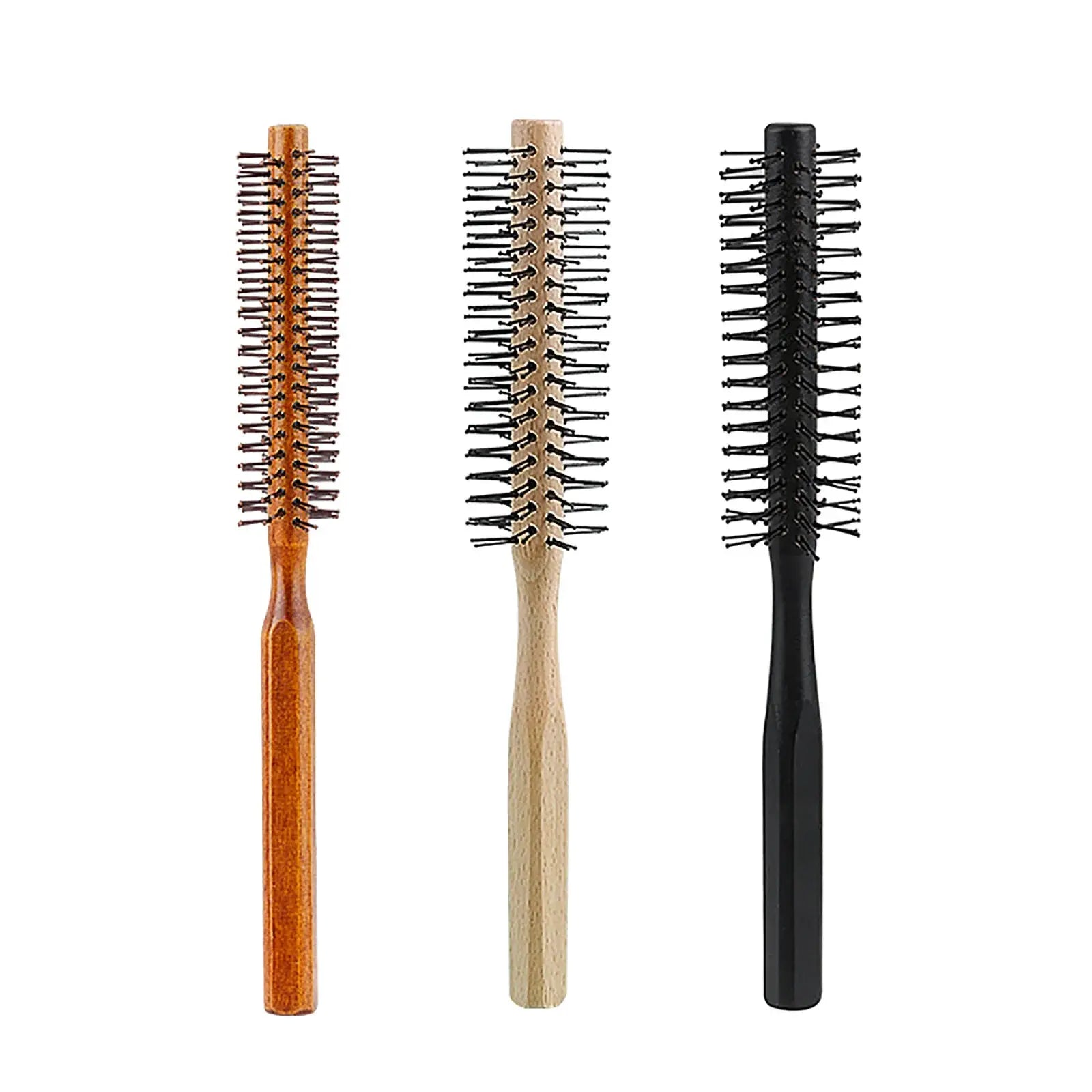 Wooden-handle circular hair brush with nylon teeth; 3-pack in brown, natural wood, and black by Simples Market
