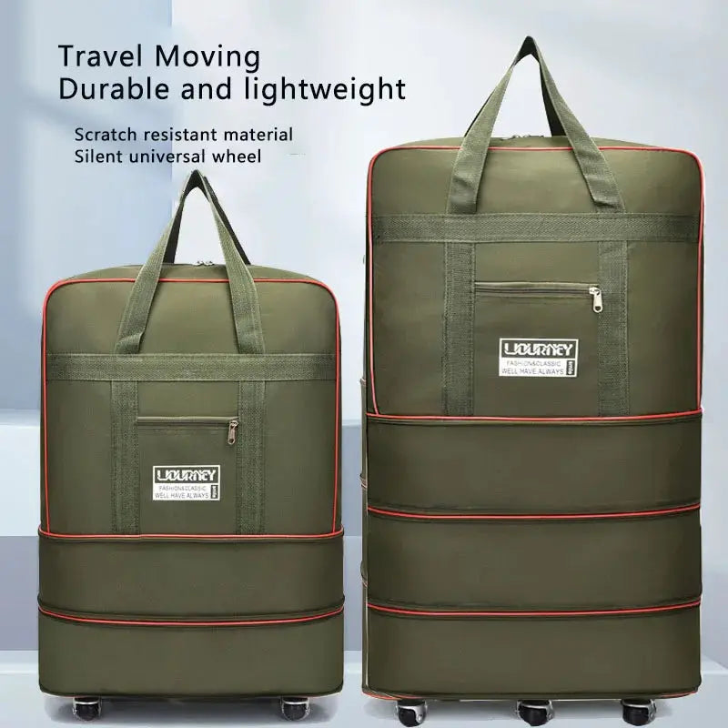 Simples Market folding travel bag set, olive green luggage with red trim, wheels, two bags