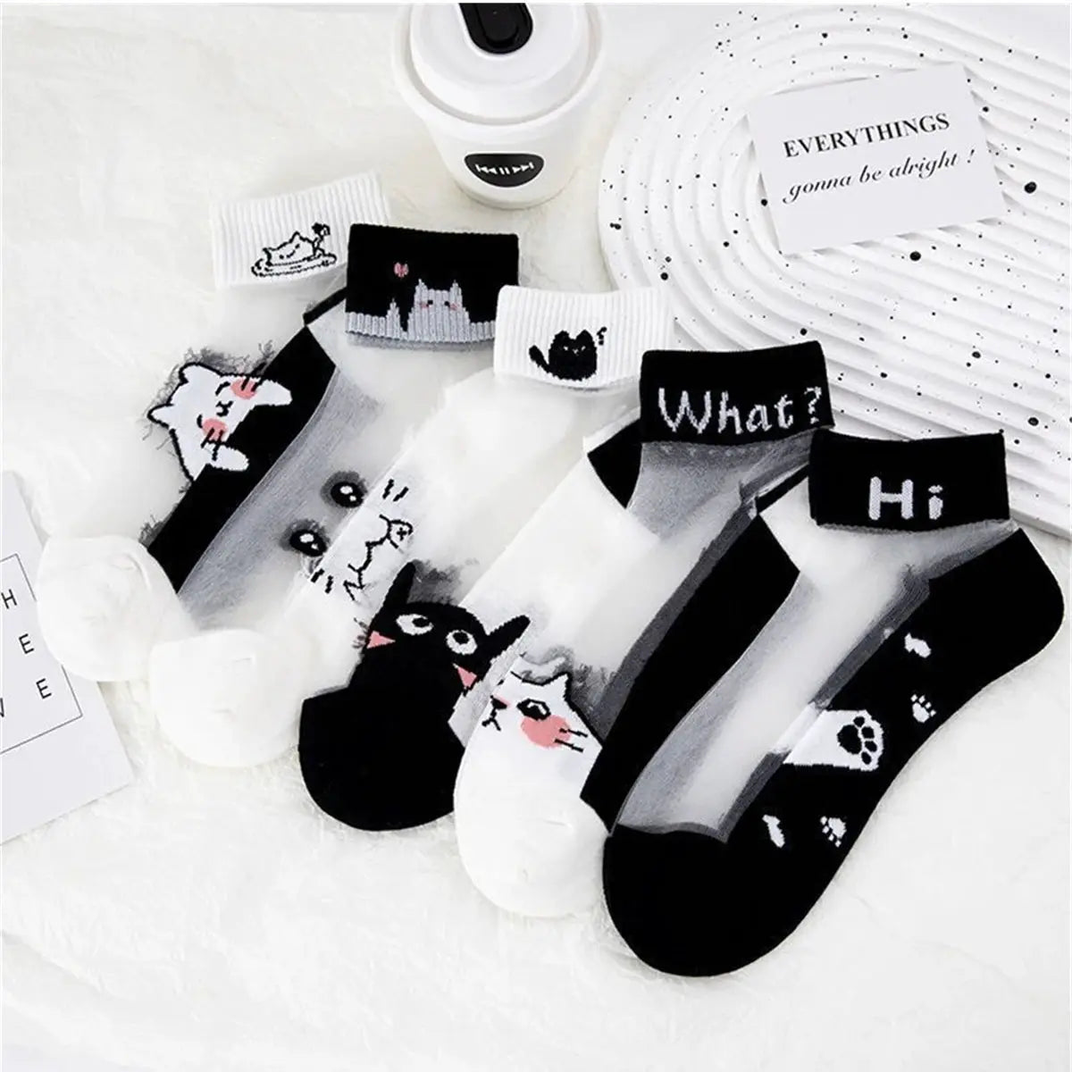 Dreamlikelin 5 Pairs Pack Breathable Summer Socks Black And White Cat Pattern Short Socks For Women