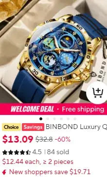 BINBOND men's luxury quartz wristwatch with blue dial, blue strap, gold-tone case and chronograph