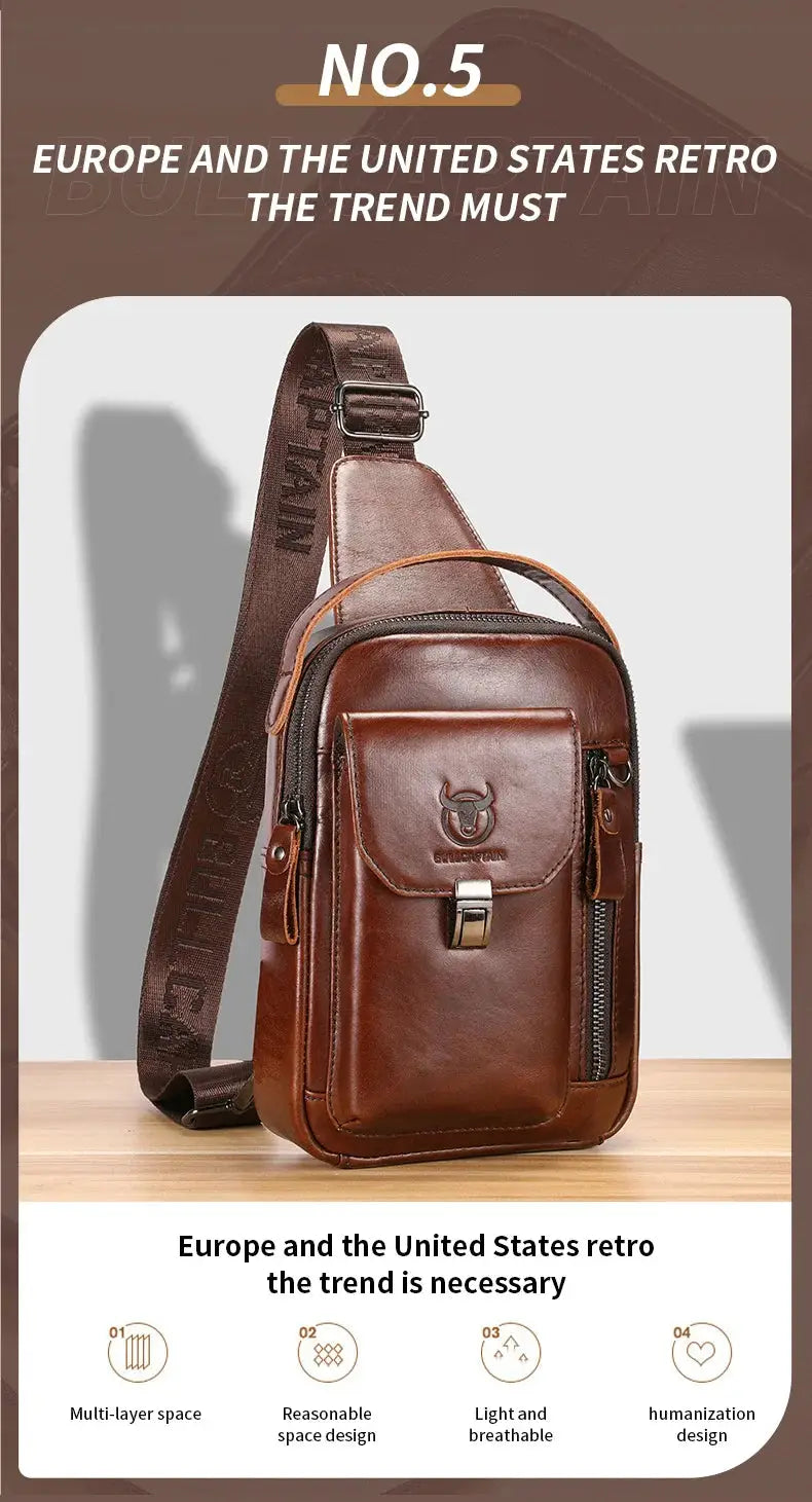 BULLCAPTAIN men's brown genuine leather chest bag with anti-theft crossbody design and 7.9-inch phone pocket