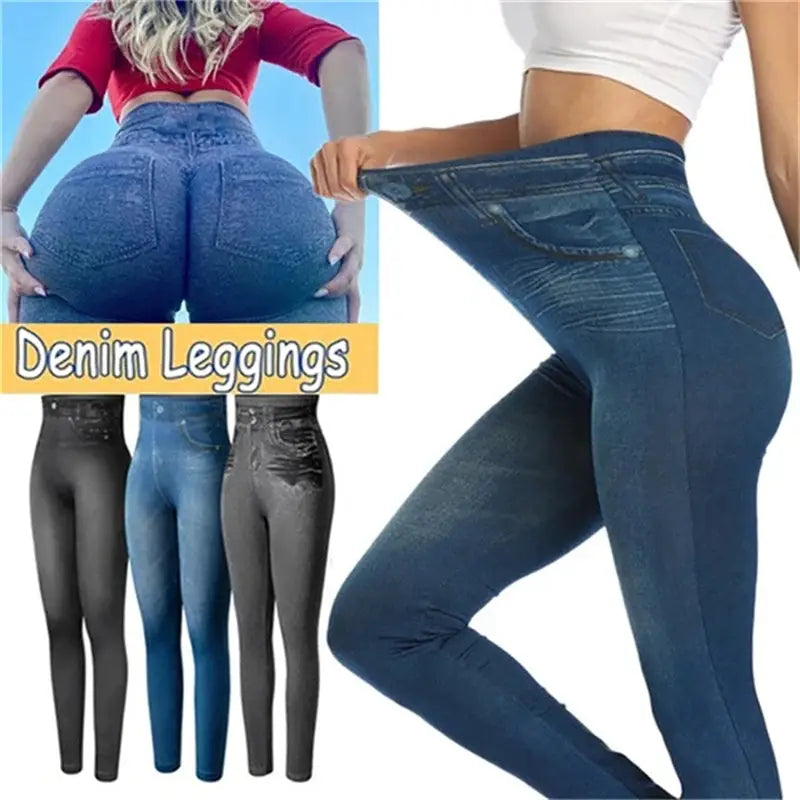 Denim leggings for women by Simples Market, high-waist ultra-stretch, blue/black/gray options (4 leggings)