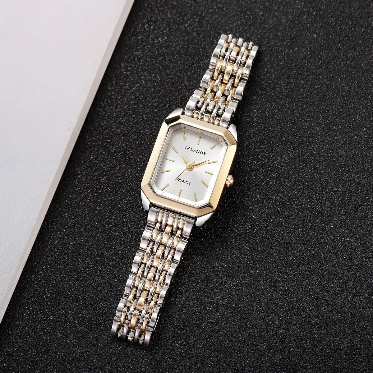 Rectangular women's quartz watch with a two-tone silver-gold steel bracelet and white dial, IRLANDY