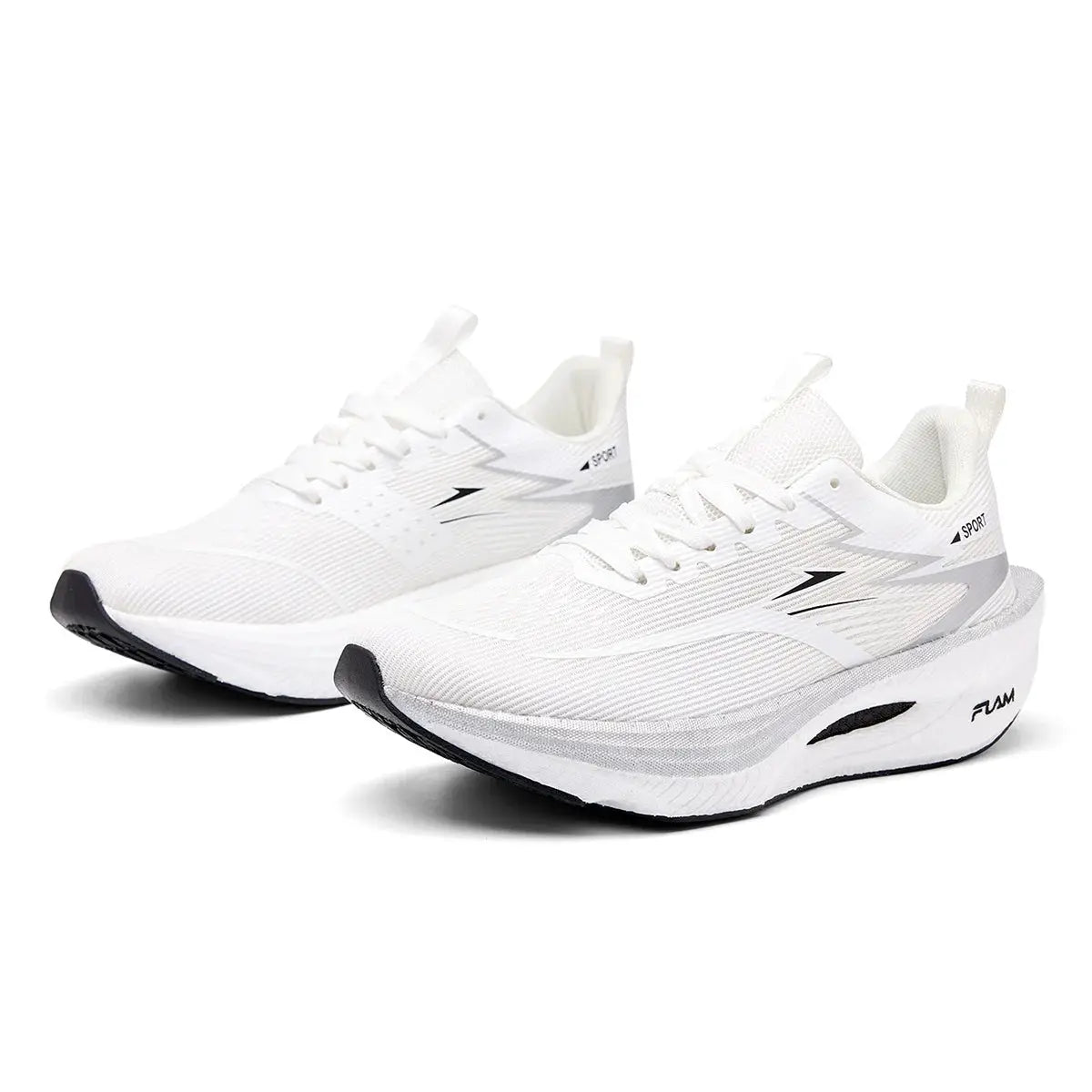Pair of white running Shoes with breathable mesh upper and non-slip outsole, lightweight athletic sneakers
