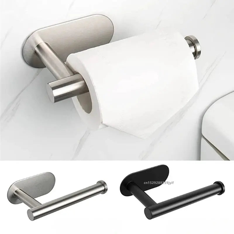 Simples Market toilet paper holder; SUS304 stainless steel no-drill wall mount; two finishes: silver, black.