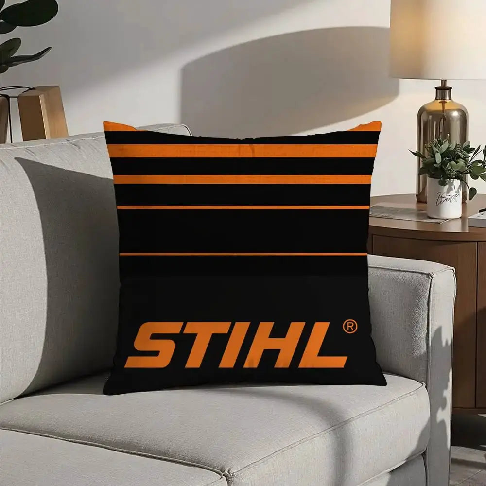 STIHL logo pillow cover in black with orange stripes, double-sided print, decorative cushion for sofa