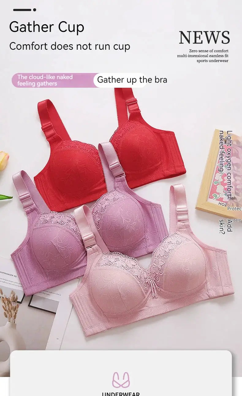 Womens lace bralette set in red, lavender, and pink; three-piece floral-embroidered lingerie tops.