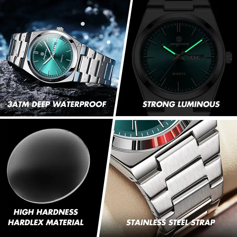 PAAZOMU Mens Quartz Watch Stainless Steel Waterproof Luminous Chronograph Date Multifunction Wristwatch