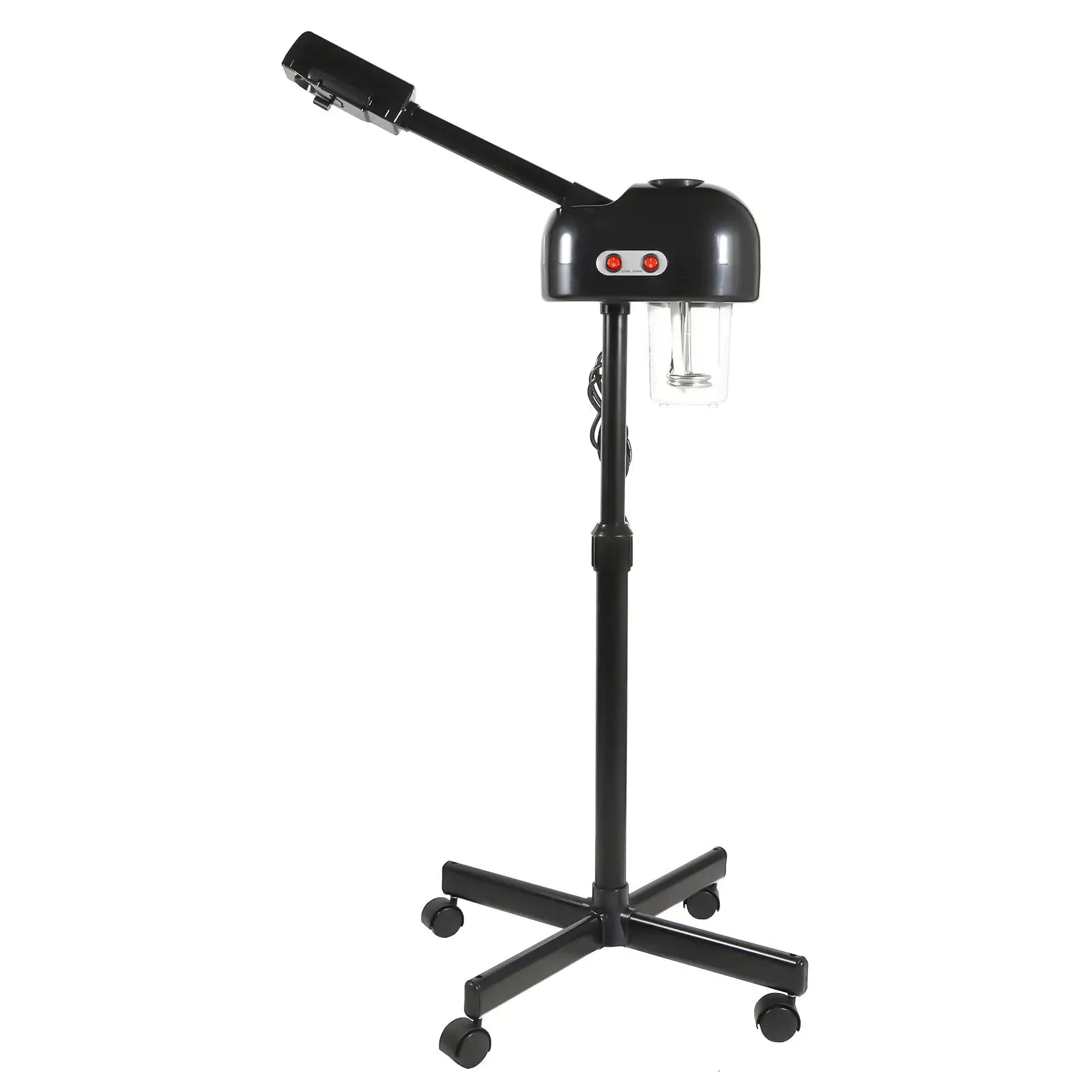 Black 750ml ozone facial steamer on height-adjustable rolling stand with 360° rotatable spray arm and clear reservoir