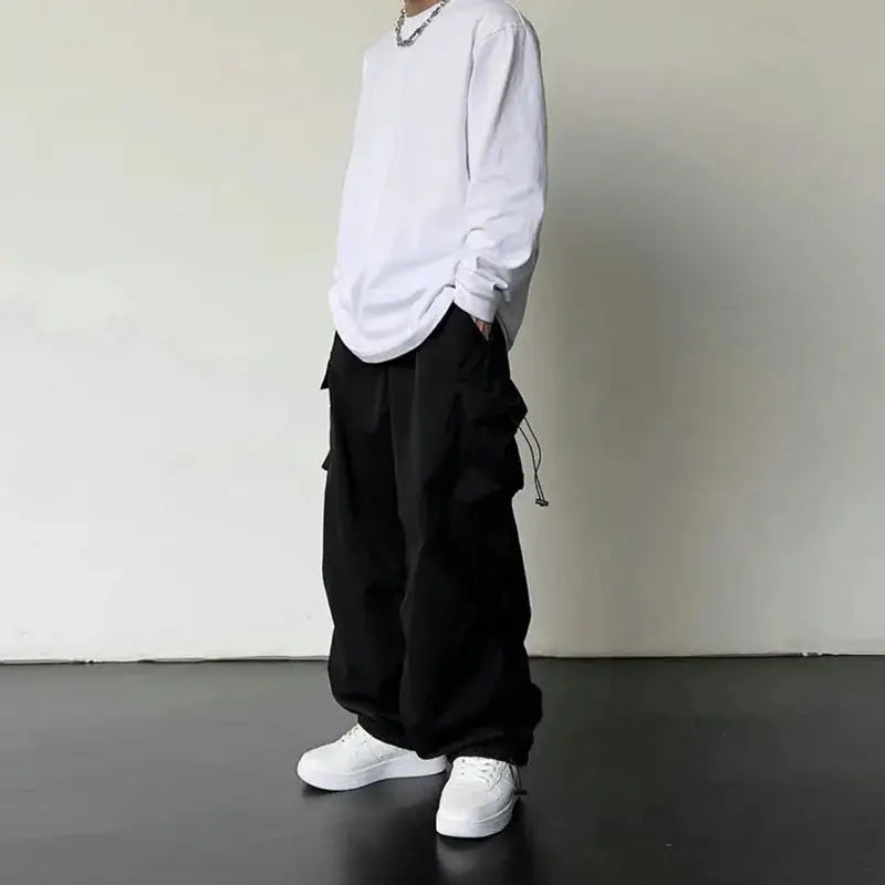 Men's cargo pants by Simples Market, black wide-leg drawstring cargo trousers.