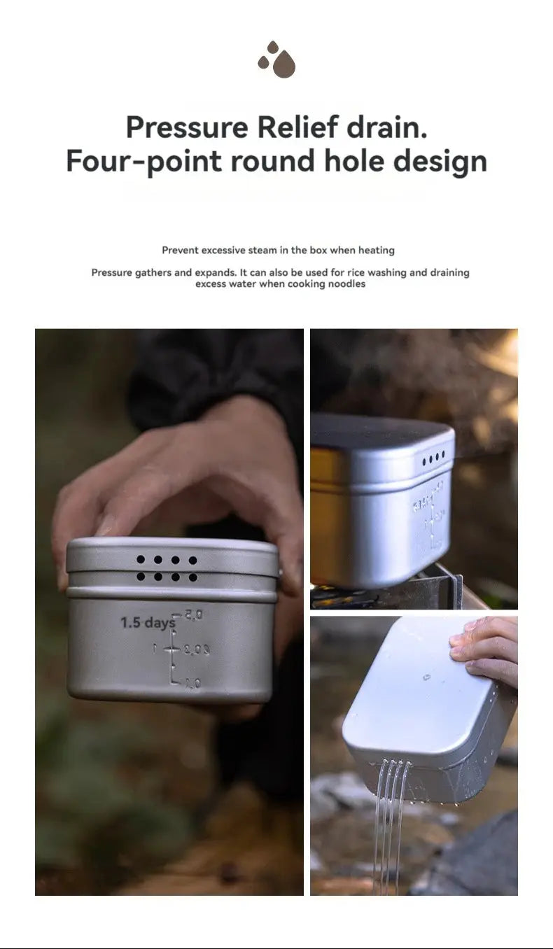 CAMPINGMOON aluminum lunch box with vent holes and pressure-relief drain for open-flame camping use, silver.