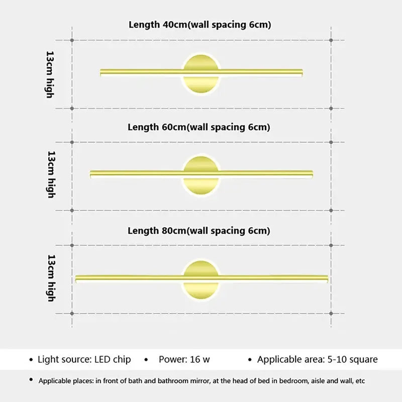 Simples Market modern LED wall lamp in black and gold finish; wall-mounted long strip light available in 40/60/80 cm