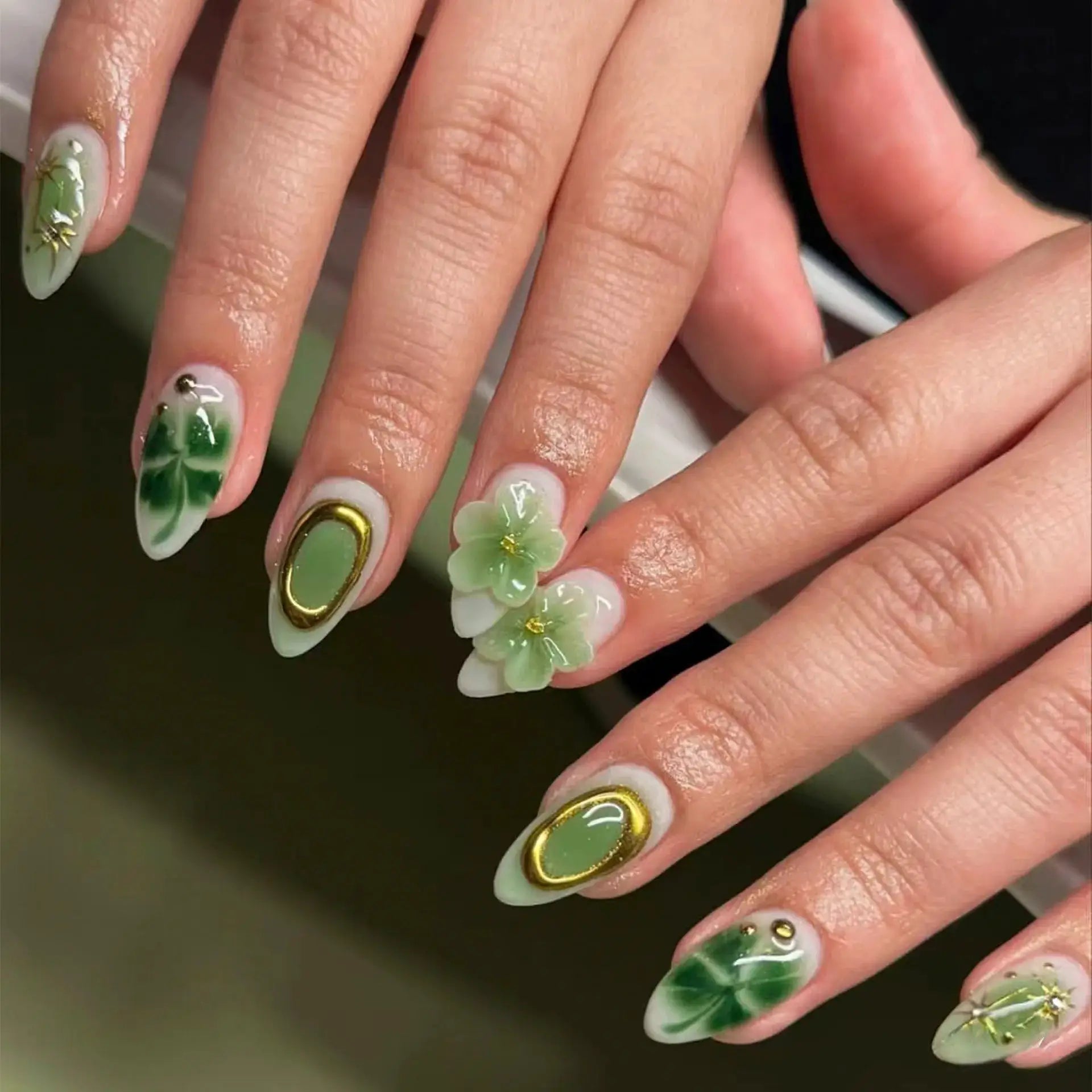 GlamNail Pink Almond Press On Nails Full Coverage Carved Flower 3D Ripple French Tips Golden Pearl Finish