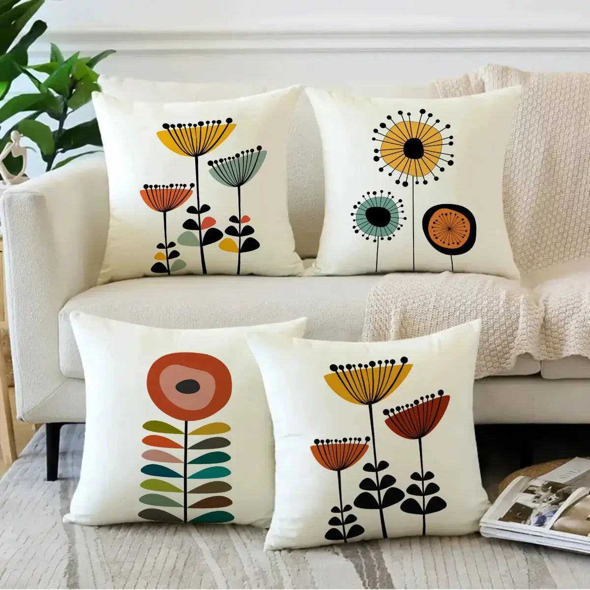 Simples Market four-piece ivory pillow covers with colorful floral and plant prints for Bohemian living room decor (no inserts).