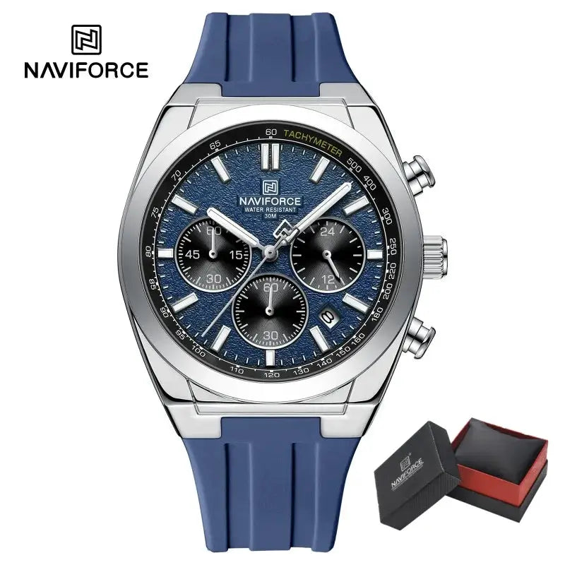 Naviforce men's chronograph watch with blue silicone strap, luminous hands, 30m water resistant, gift box