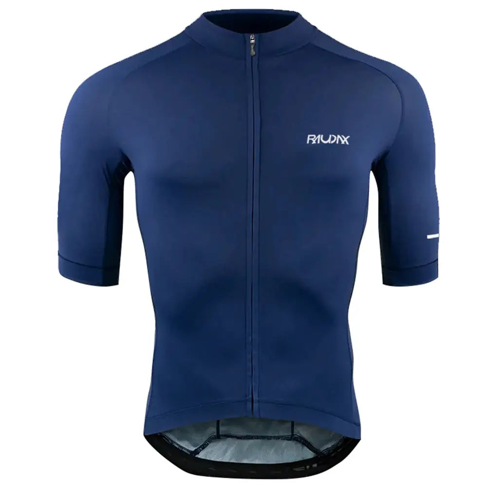 RAUDX youth cycling jersey, navy blue short-sleeve with full zipper, breathable MTB apparel