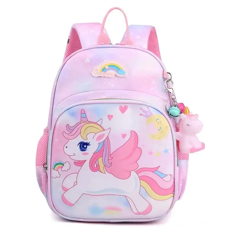 Unicorn backpack for girls in pink-purple gradient with winged unicorn graphic on front pocket and plush keychain