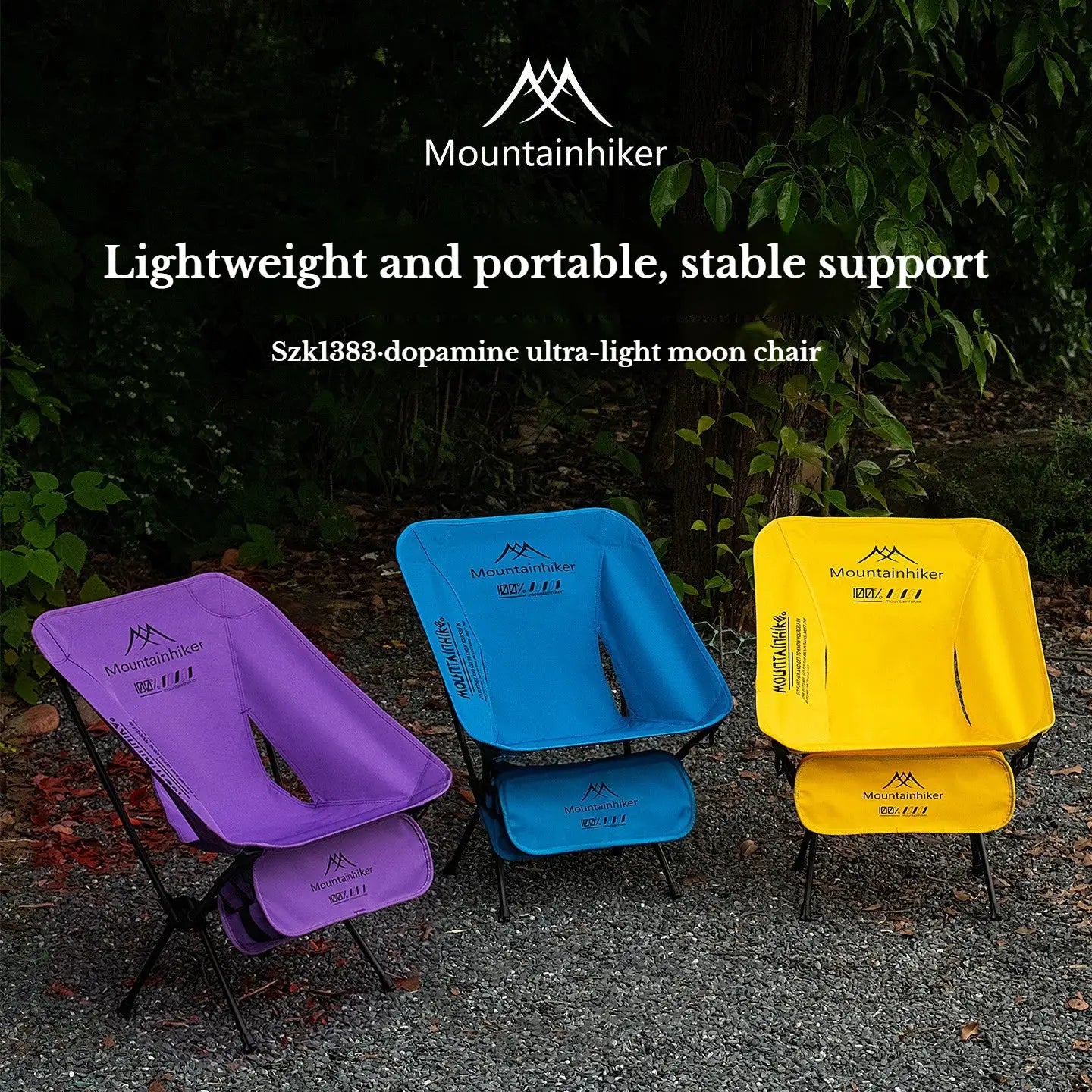 Moon chair set: three foldable camping chairs in purple, blue, and yellow with Mountainhiker logos