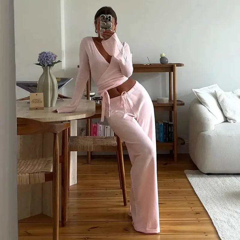 Absobe 2 Piece Leisure Suit Women Flare Sleeve Crop Cardigan Pants