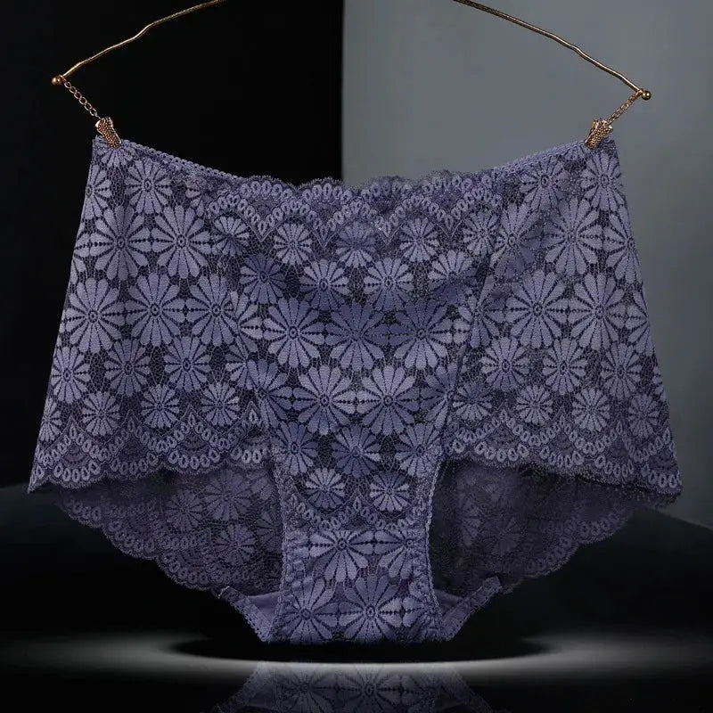 Women's purple lace high-waisted panties with floral scalloped edges, Simples Market