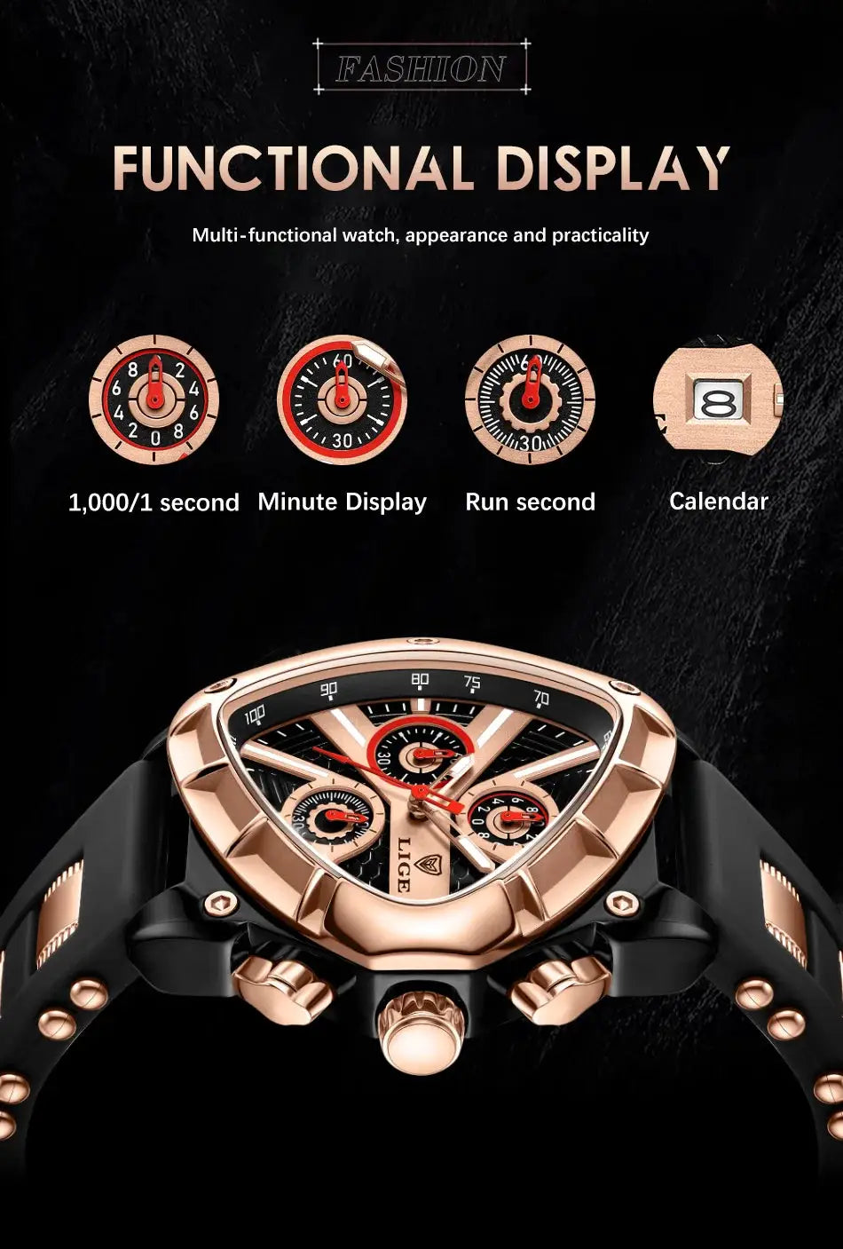 LIGE men's luxury chronograph watch with rose-gold case and black strap