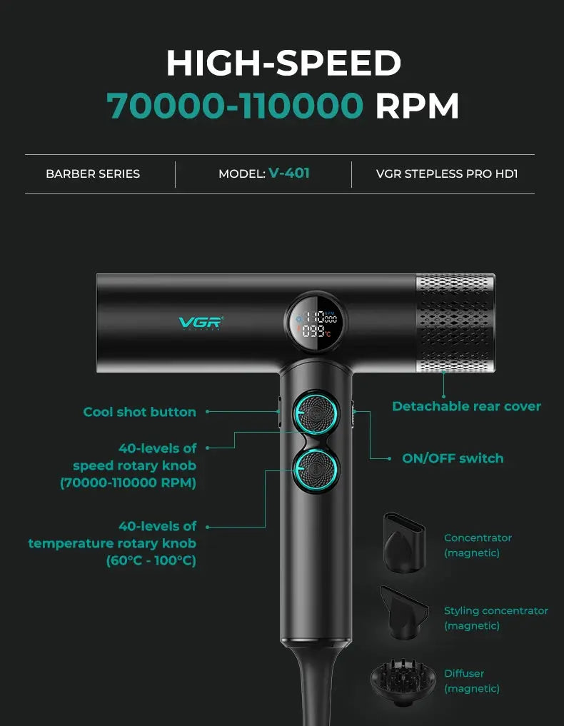 VGR V-401 professional hair dryer in black with turquoise accents and digital display