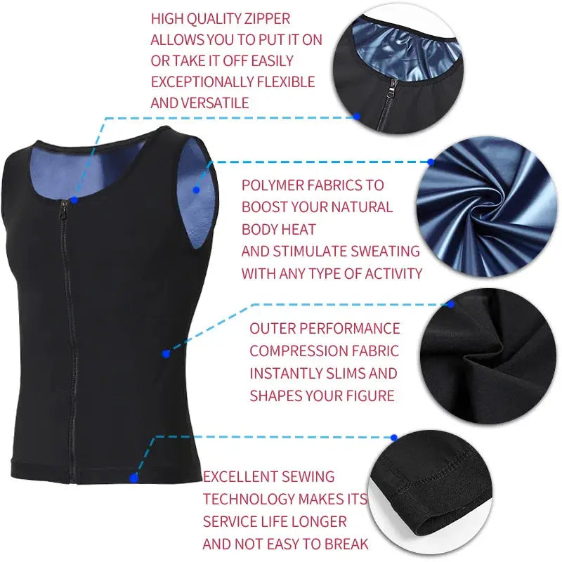 Men's abdomen reducer body shaper sauna vest with front zipper, black with blue interior