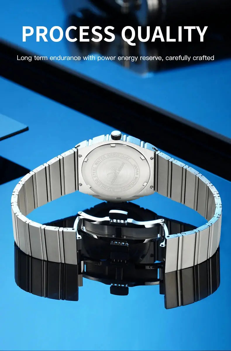 Men's stainless steel watch with metal bracelet, silver tone, deployment clasp