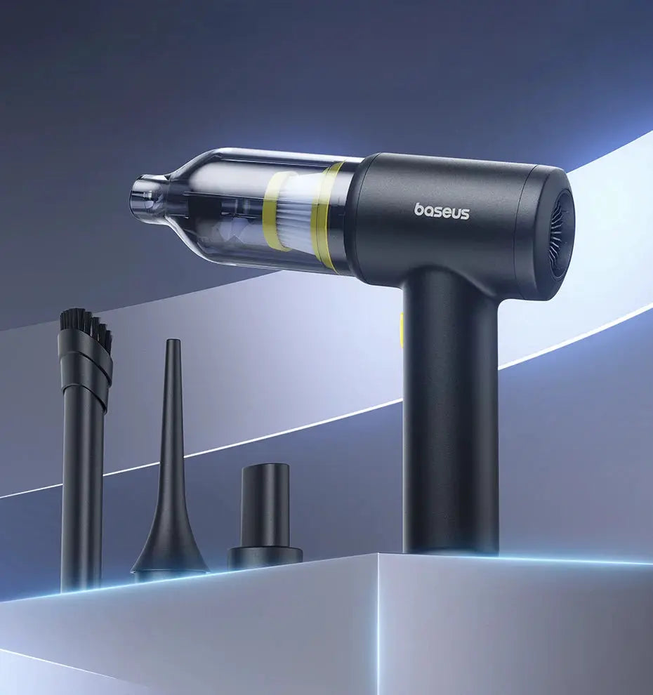 Baseus cordless car vacuum cleaner handheld with transparent dust canister and multiple nozzle attachments.