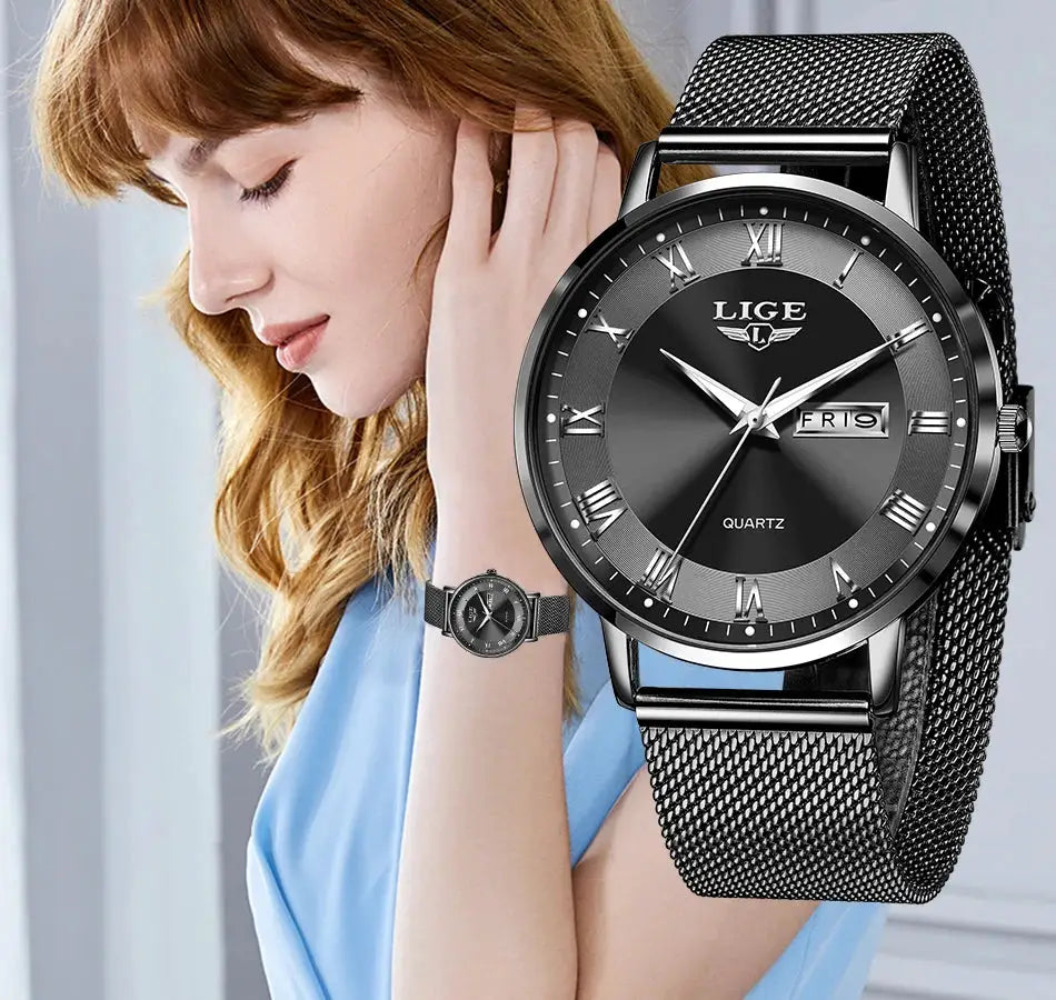 LIGE women's stainless steel mesh watch with black dial, Roman numerals, and date display