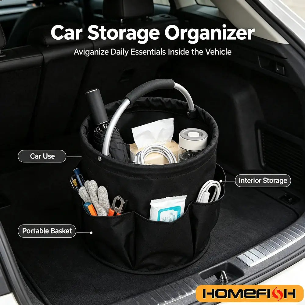 Car storage organizer bag, 17L folding tote with handle, black fabric with interior and exterior pockets, HOMEFISH