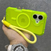 Simples Market neon-yellow MagSafe iPhone case with lime matte armour and yellow wrist strap