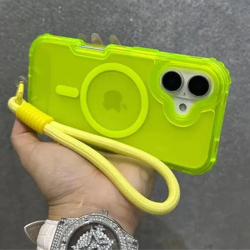 Simples Market neon-yellow MagSafe iPhone case with lime matte armour and yellow wrist strap
