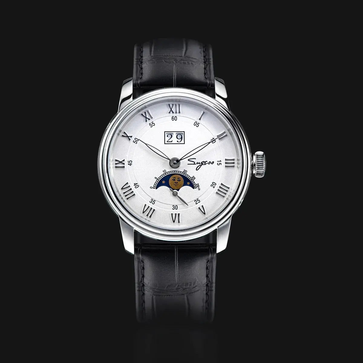 Sugess Moonphase watch, 40mm stainless steel case, silver dial, Roman numerals, moonphase, black leather strap.