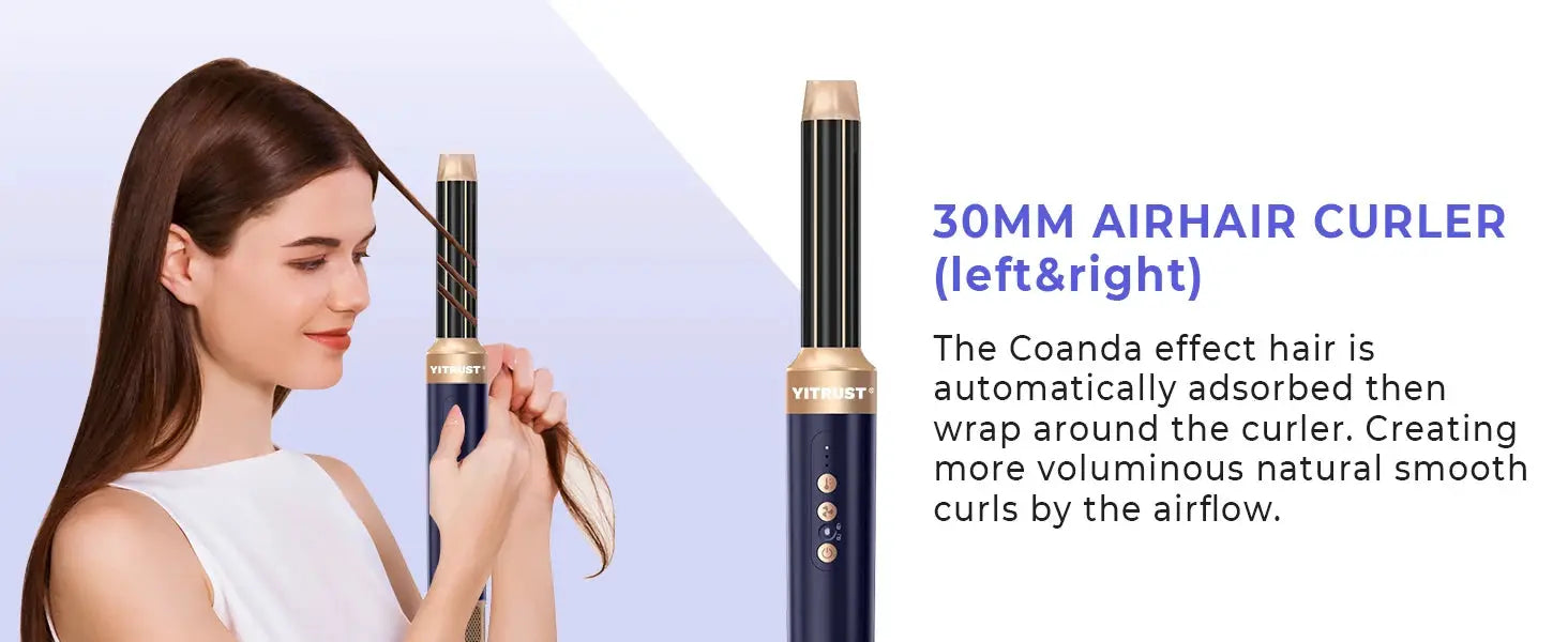 7-in-1 hair dryer brush with diffuser; navy blue handle, gold accents, YITRUST logo