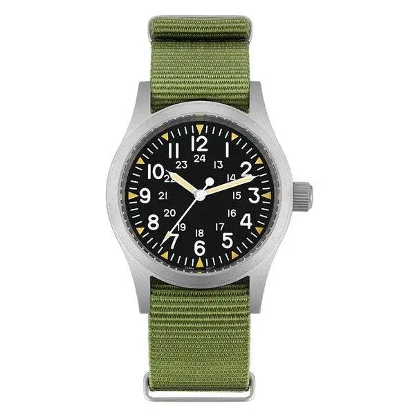 Militado ML05 vintage field watch with 38mm case, green nylon NATO strap, black dial and luminous numerals
