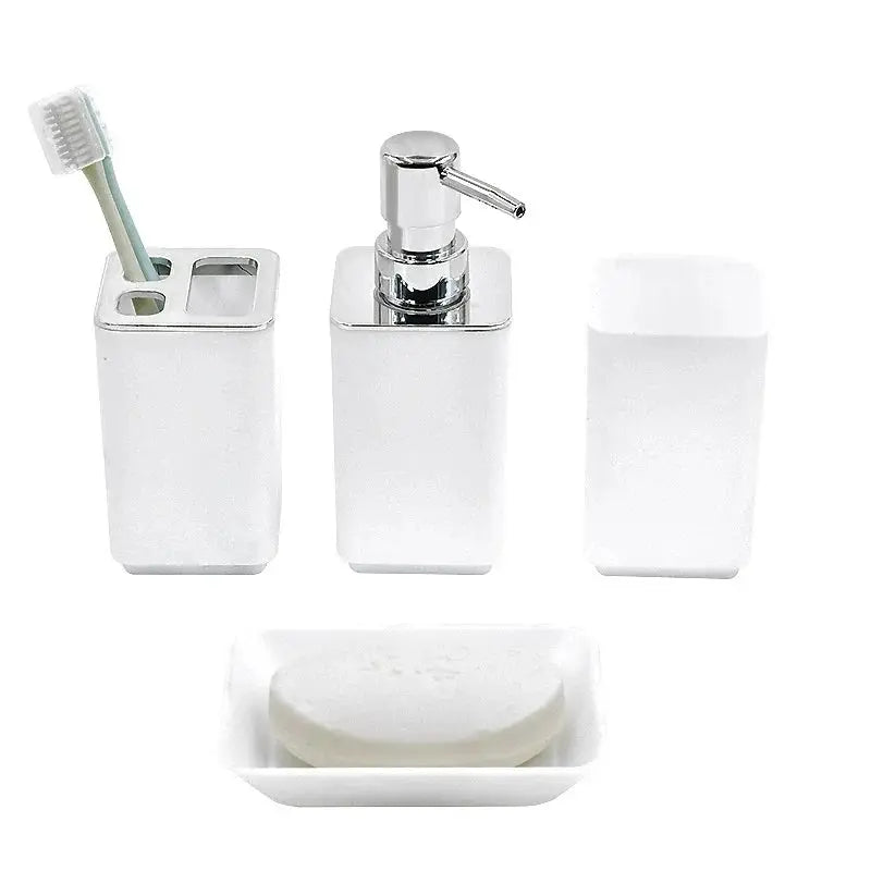 8-piece white bathroom storage set including soap dispenser, lotion bottle with pump, toothbrush cup, trash can, and soap dish