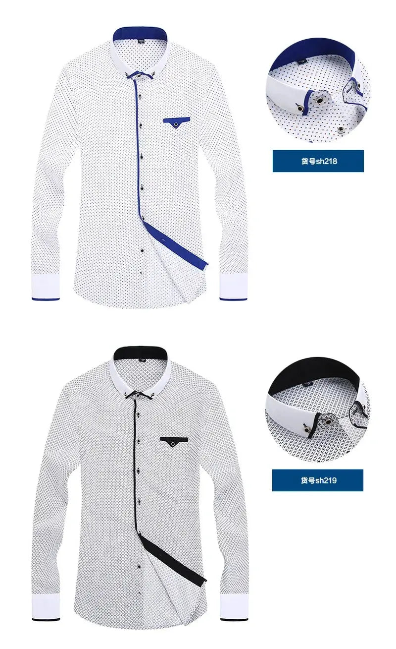 Men's button-down shirt by Simples Market; white dotted long-sleeve with blue or black trim (2 styles shown).