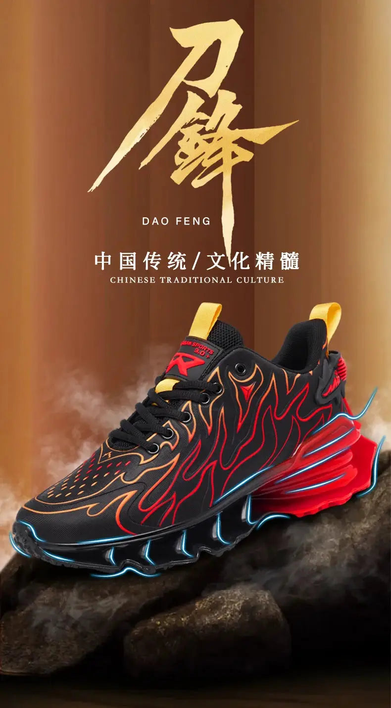 Dao Feng flame-pattern men’s running sneaker in black with orange flames, blue sole accents and yellow pull tabs