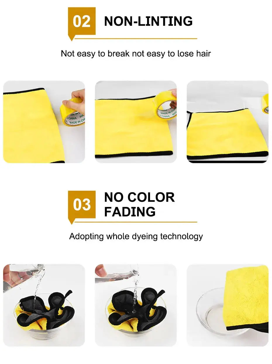 Microfiber car wash towel yellow with black trim, dual-sided soft weave, highly absorbent for drying and detailing.
