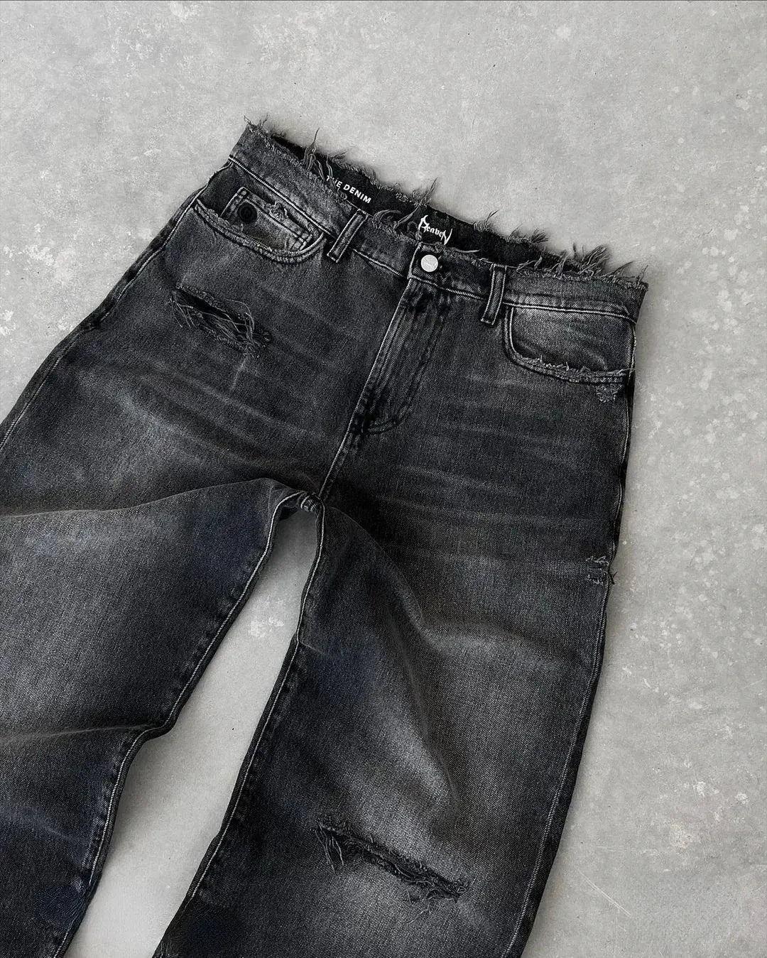 Men's straight jeans by Simples Market, distressed washed denim with ripped holes, ankle length, zip fly, pockets