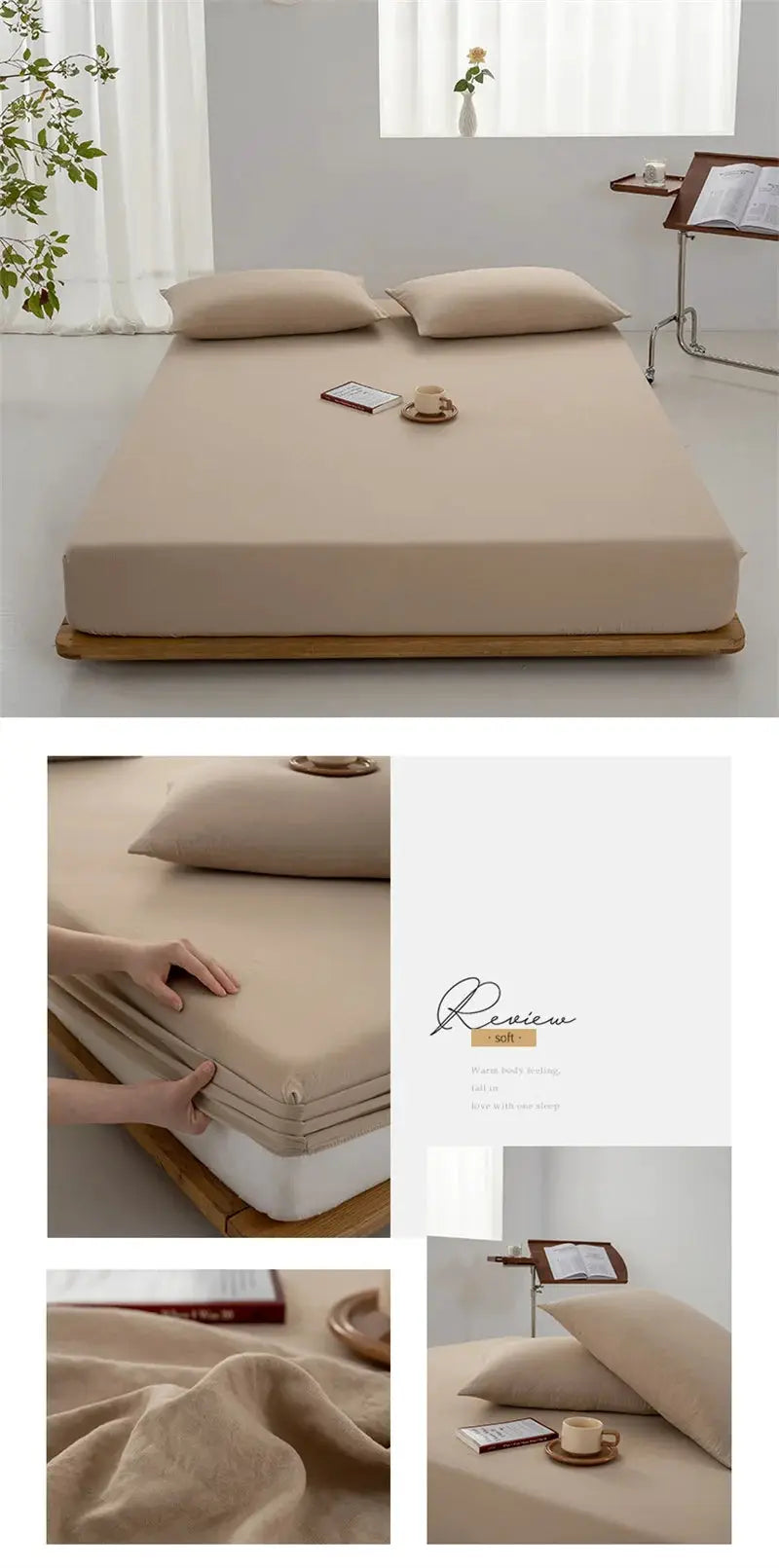 Beige soft cotton fitted sheet with elastic edge for single to king size beds.
