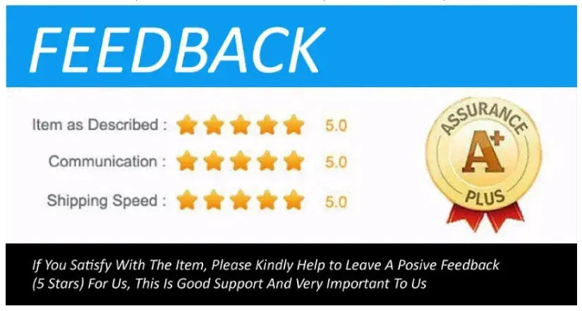 Feedback ratings banner with five-star scores and A+ badge; shows item as described, communication and shipping speed ratings.