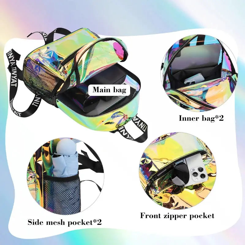 TINYAT PVC clear backpack, iridescent finish, black straps; main bag with side mesh pockets and front zipper pocket.