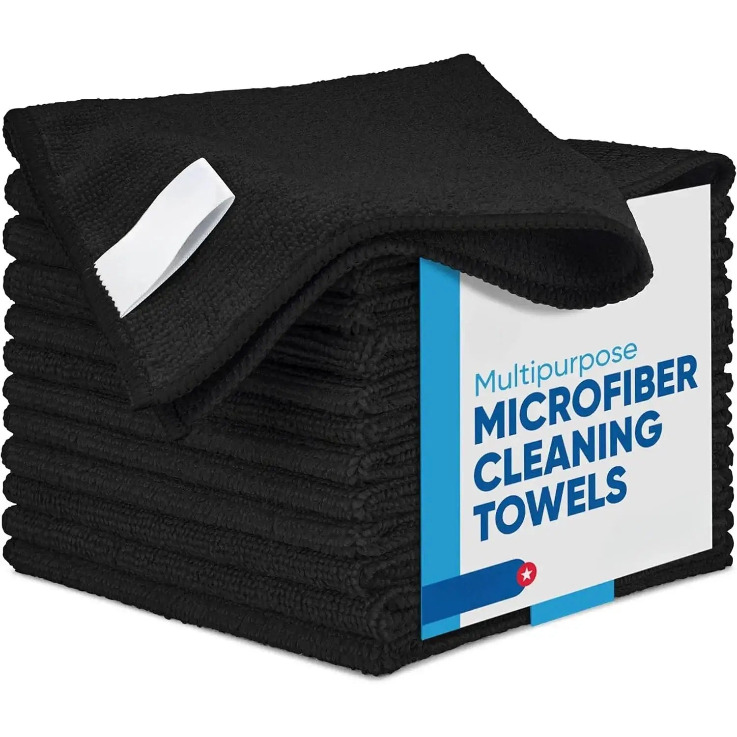 Black microfiber cleaning towels bundle; thick, lint-free, reusable car window towels.