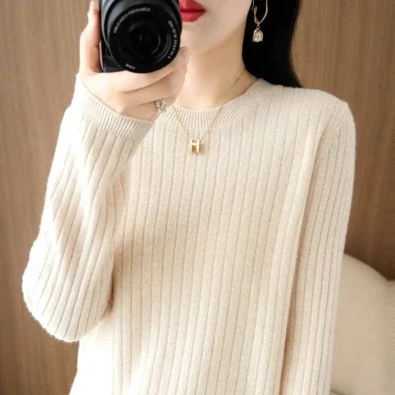 Aurora Knitwear Warm O Neck Stripe Loose Fit Sweater For Autumn Winter Layering Cozy Knit