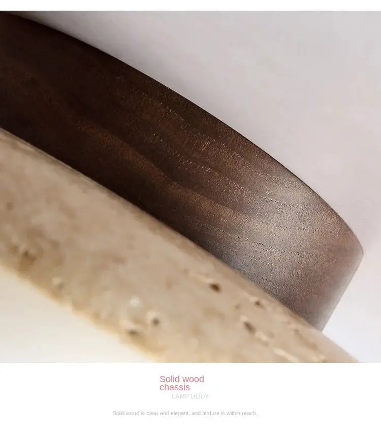 Led surface-mounted ceiling lamp with a solid wood round chassis in brown finish for living room.